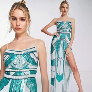 ASOS DESIGN Beaded Sequin Gown Balaeric Embellished Maxi Dress Blue Green US 2